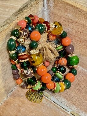 Layered Beaded Bracelet - Green & Orange Multi-Strand